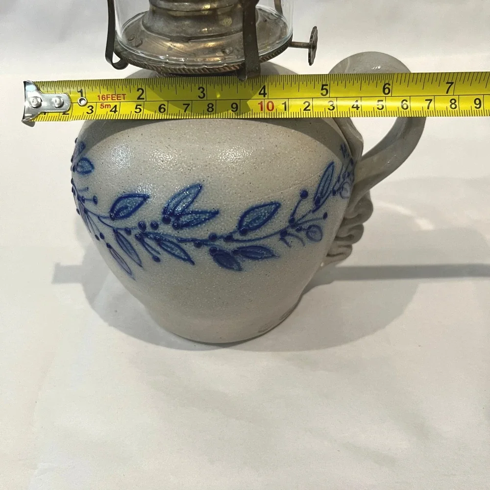 Salmon Falls Stoneware Kerosene Oil Lamp & Chimney Blueberry Vine Signed 1999